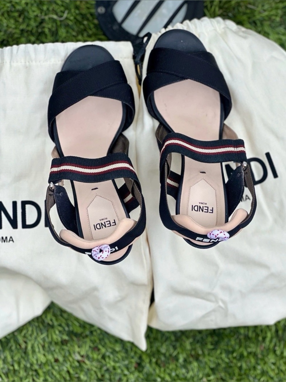 Fendi Colibri Slingback Sandals Heels 36.5 Black Mesh Multi Band Elastic Pump